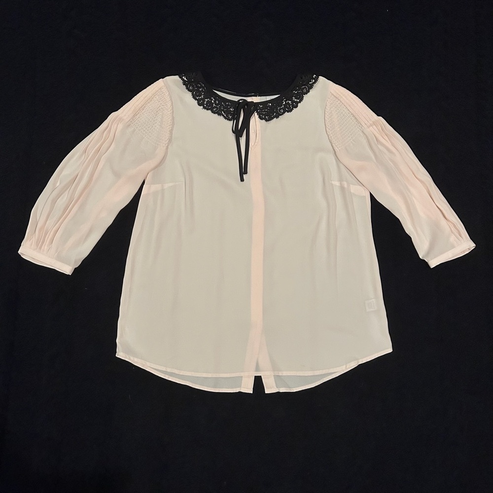 Lauren Conrad Disney light pink blouse with black lace collar, size L